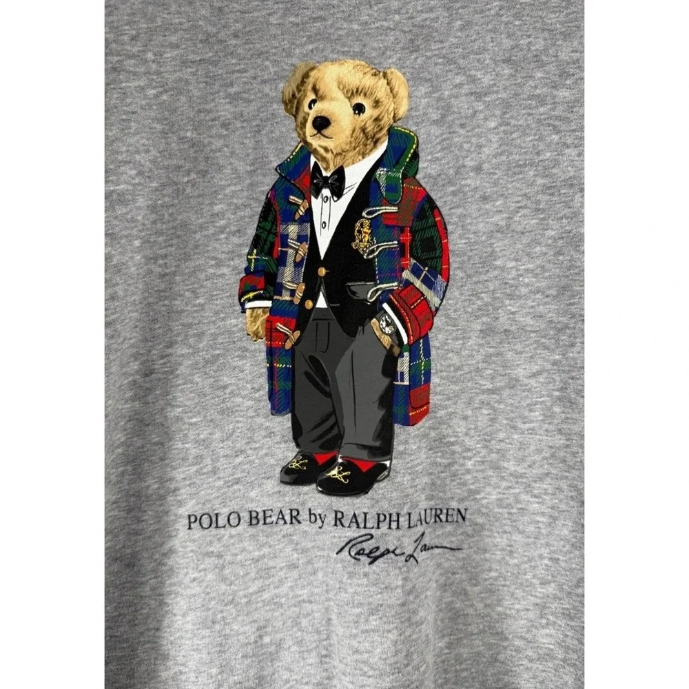 Polo Ralph Lauren Polo Duffel Bear Tartan Plaid Coat Fleece Sweatshirt Grey SZ M